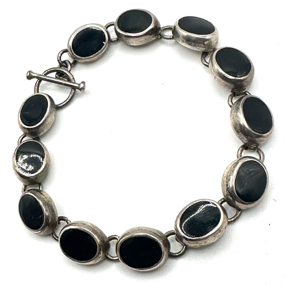 Sterling Silver 925 Black Onyx Link Bracelet 7 1/4” Toggle Closure - Picture 4 of 12